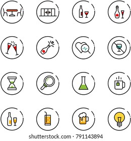 line vector icon set - cafe vector, automatic doors, wine, glasses, champagne, heart diagnosis, no alcohol sign, sand clock, magnifier, flask, green tea, drink, beer, bulb