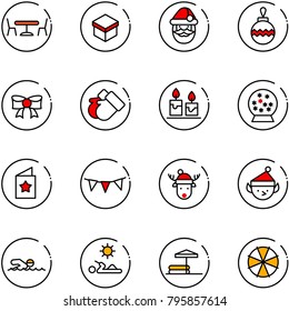 line vector icon set - cafe vector, gift, santa claus, christmas ball, bow, gloves, candle, snowball, star postcard, flag garland, deer hat, elf, swimming, reading, inflatable pool, parasol
