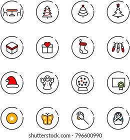 line vector icon set - cafe vector, christmas tree, gift, sock, garland, hat, angel, snowball, certificate, star medal, butterfly, horse stick toy, russian doll