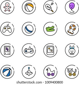 line vector icon set - cake man vector, ball, badminton, balloon smile, joystick, crocodile, teethers, game console, gamepad, toy rabbit, beach, wirligig, duck, cat