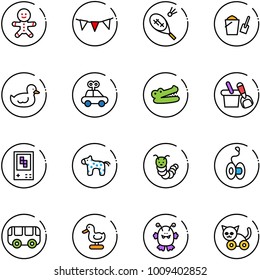 line vector icon set - cake man vector, flag garland, badminton, bucket scoop, duck toy, car, crocodile, shovel, game console, horse, caterpillar, yoyo, bus, monster, cat