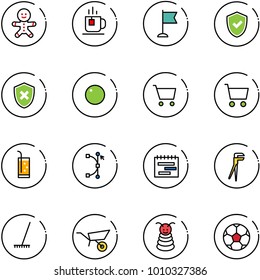 line vector icon set - cake man vector, tea, flag, shield check, cross, record, cart, drink, bezier, terms plan, plumber, rake, wheelbarrow, pyramid toy, soccer ball