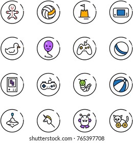 line vector icon set - cake man vector, volleyball, sand castle, game console, duck toy, balloon smile, joystick, ball, gamepad, caterpillar, beach, wirligig, unicorn stick, monster, cat