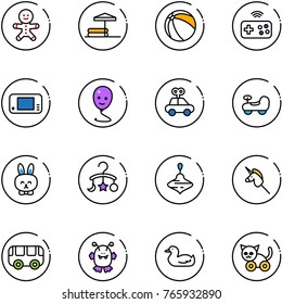 line vector icon set - cake man vector, inflatable pool, ball, joystick wireless, game console, balloon smile, car toy, baby, rabbit, carousel, wirligig, unicorn stick, bus, monster, duck, cat