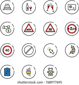 line vector icon set - cake vector, wine, glasses, safe, encashment, car crash road sign, railway intersection, limited width, speed limit 40, no, cursor, golden branch, battery, allen key set