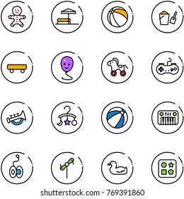 line vector icon set - cake man vector, inflatable pool, ball, bucket scoop, skateboard, balloon smile, wheel horse, gamepad, horn toy, baby carousel, beach, piano, yoyo, windmill, duck, cube hole