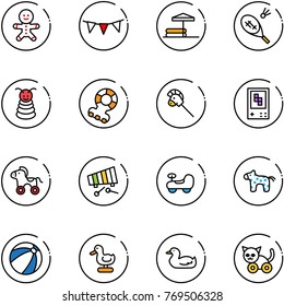 line vector icon set - cake man vector, flag garland, inflatable pool, badminton, pyramid toy, teethers, horse stick, game console, wheel, xylophone, baby car, beach ball, duck, cat