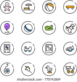 line vector icon set - cake man vector, inflatable pool, ball, skateboard, balloon smile, crocodile, dinosaur toy, game console, baby car, horn, yoyo, unicorn stick, duck, cat