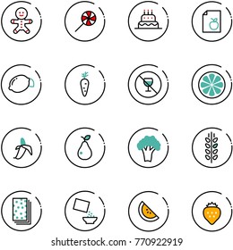 line vector icon set - cake man vector, lollipop, diet list, lemon, carrot, no alcohol sign, slice, banana, pear, broccoli, spica, breads, cereal, watermelone, strawberry