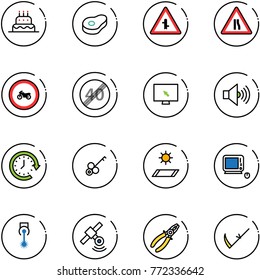 line vector icon set - cake vector, meat, intersection road sign, narrows, no moto, end speed limit, monitor cursor, volume max, clock around, key, mat, monoblock pc, laser, satellite, pliers