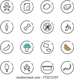 line vector icon set - cake man vector, diet list, lemon, meat, carrot, broken bone, fork spoon plate, banana, eggplant, broccoli, cereal, watermelone, ice cream, grill, basin, sickle