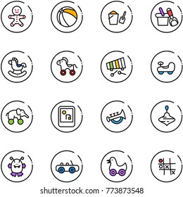 line vector icon set - cake man vector, ball, bucket scoop, shovel, rocking horse, wheel, xylophone, baby car, elephant, game console, horn toy, wirligig, monster, duck, Tic tac toe