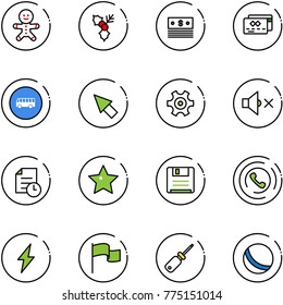 line vector icon set - cake man vector, holly, dollar, credit card, bus road sign, cursor, gear, volume off, history, star, save, phone horn, lightning, flag, screwdriver, ball