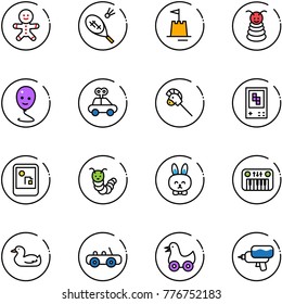 line vector icon set - cake man vector, badminton, sand castle, pyramid toy, balloon smile, car, horse stick, game console, caterpillar, rabbit, piano, duck, water gun