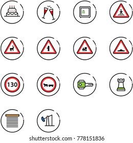 line vector icon set - cake vector, wine glasses, safe, pedestrian road sign, wild animals, intersection, railway, artificial unevenness, speed limit 130, no cart horse, key, chess tower, jalousie