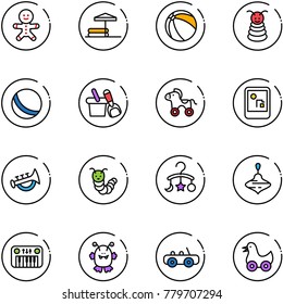 line vector icon set - cake man vector, inflatable pool, ball, pyramid toy, shovel bucket, wheel horse, game console, horn, caterpillar, baby carousel, wirligig, piano, monster, car, duck