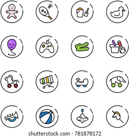 line vector icon set - cake man vector, badminton, bucket scoop, duck toy, balloon smile, joystick, crocodile, shovel, wheel horse, xylophone, baby car, elephant, horn, beach ball, wirligig