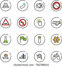 line vector icon set - cake vector, eggplant, euro dollar, prohibition road sign, rough, no left turn, hand cursor, agreement, flask, flag, tie, money managemet, bungalow, chart, cocncrete mixer