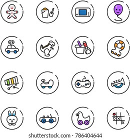 line vector icon set - cake man vector, bucket scoop, game console, balloon smile, car toy, dinosaur, shovel, teethers, xylophone, baby, gamepad, horn, rabbit, duck, Tic tac toe