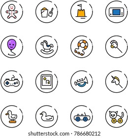 line vector icon set - cake man vector, bucket scoop, sand castle, game console, balloon smile, rocking horse, teethers, stick toy, gamepad, horn, unicorn, duck, car, cat