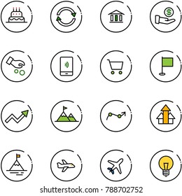 line vector icon set - cake vector, exchange, bank, investment, mobile payment, cart, flag, growth arrow, attainment, chart point, arrows up, mountain, plane, bulb