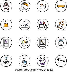 line vector icon set - cake man vector, ball, bucket scoop, skateboard, sand castle, joystick wireless, shovel, teethers, game console, xylophone, toy rabbit, wirligig, yoyo, monster, duck