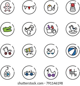 line vector icon set - cake man vector, flag garland, bucket scoop, pyramid toy, crocodile, dinosaur, shovel, rocking horse, wheel, xylophone, baby car, beach ball, yoyo, duck, Tic tac toe