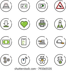 line vector icon set - cake vector, tap pay, credit card, multi lane traffic road sign, download, heart, printer, rocket, money, document, pool, cap, flower, mouse wireless, bear toy