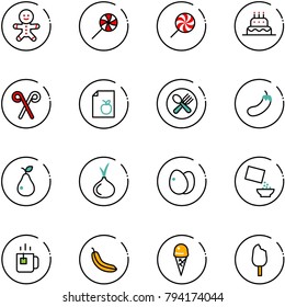 line vector icon set - cake man vector, lollipop, santa stick, diet list, fork spoon plate, eggplant, pear, onion, eggs, cereal, green tea, banana, ice cream
