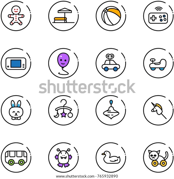 line vector icon set - cake man vector, inflatable\
pool, ball, joystick wireless, game console, balloon smile, car\
toy, baby, rabbit, carousel, wirligig, unicorn stick, bus, monster,\
duck, cat