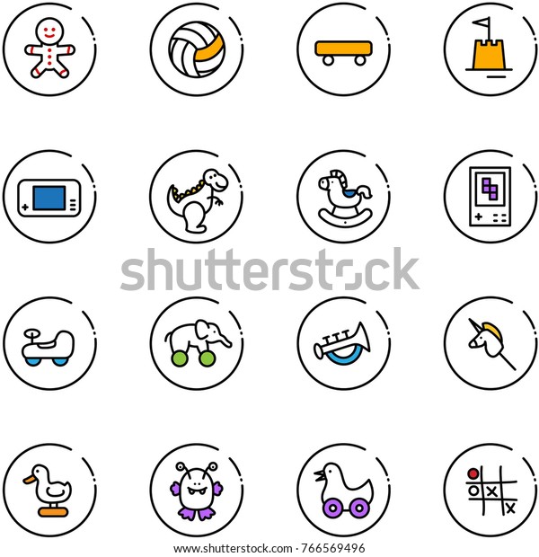 line vector icon set - cake man vector, volleyball,\
skateboard, sand castle, game console, dinosaur toy, rocking horse,\
baby car, elephant wheel, horn, unicorn stick, duck, monster, Tic\
tac toe