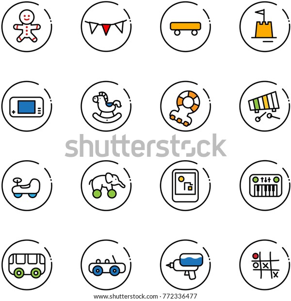 line vector icon set - cake man vector, flag garland,
skateboard, sand castle, game console, rocking horse, teethers,
xylophone, baby car, elephant wheel, toy piano, bus, water gun, Tic
tac toe