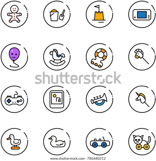 line vector icon\
set - cake man vector, bucket scoop, sand castle, game console,\
balloon smile, rocking horse, teethers, stick toy, gamepad, horn,\
unicorn, duck, car, cat