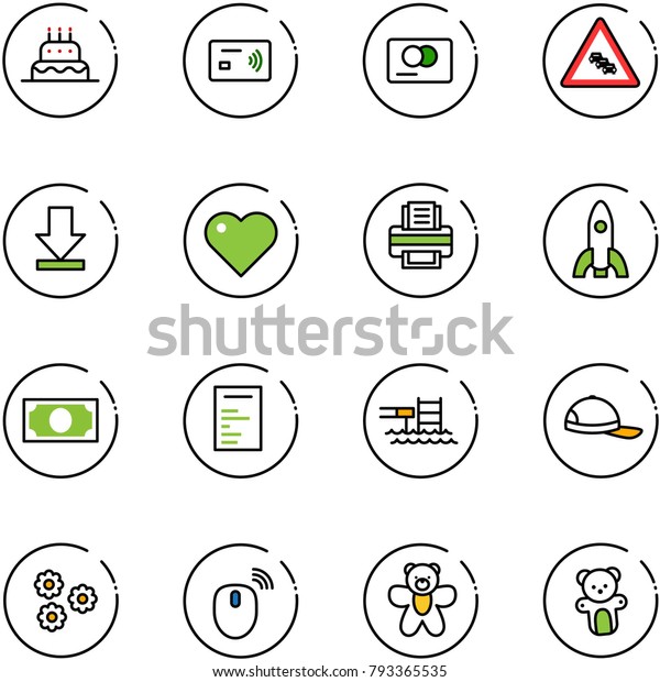 line vector icon set - cake vector, tap pay, credit\
card, multi lane traffic road sign, download, heart, printer,\
rocket, money, document, pool, cap, flower, mouse wireless, bear\
toy