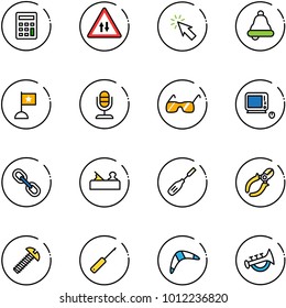 line vector icon set - calculator vector, oncoming traffic road sign, cursor, bell, flag, microphone, sunglasses, monoblock pc, link, jointer, chisel, side cutters, screw, awl, boomerang, horn toy