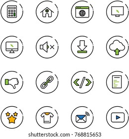 line vector icon set - calculator vector, home, browser globe, monitor cursor, volume off, download, upload cloud, dislike, link, tag code, document, stars, t shirt, wireless mail, playback