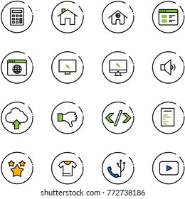 line vector icon set - calculator vector, home, website, browser globe, monitor cursor, low volume, upload cloud, dislike, tag code, document, stars, t shirt, phone, playback