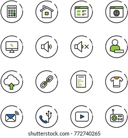 line vector icon set - calculator vector, home, website, browser globe, monitor cursor, low volume, off, user password, upload cloud, link, document, t shirt, wireless mail, phone, playback, radio