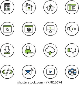 line vector icon set - calculator vector, home, website, cursor browser, globe, monitor, volume off, download, user password, upload cloud, dislike, tag code, wireless mail, playback, carbon