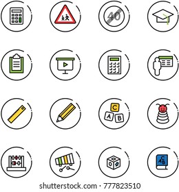 line vector icon set - calculator vector, children road sign, end speed limit, graduate hat, clipboard, presentation board, ruler, pencil, abc cube, pyramid toy, abacus, xylophone, book