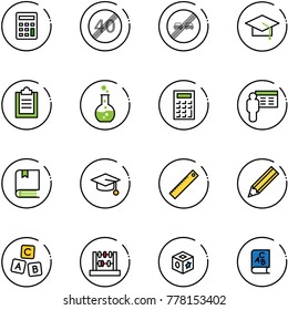line vector icon set - calculator vector, end speed limit road sign, overtake, graduate hat, clipboard, round flask, presentation, book, ruler, pencil, abc cube, abacus, toy