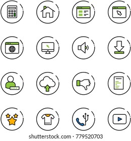 line vector icon set - calculator vector, home, website, cursor browser, globe, monitor, low volume, download, user password, upload cloud, dislike, document, stars, t shirt, phone, playback