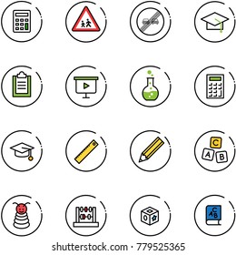 line vector icon set - calculator vector, children road sign, end overtake limit, graduate hat, clipboard, presentation board, round flask, ruler, pencil, abc cube, pyramid toy, abacus, book