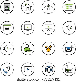 line vector icon set - calculator vector, home, website, browser globe, monitor cursor, low volume, off, user password, stars, wireless mail, phone, playback, carbon, radio