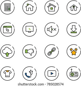 line vector icon set - calculator vector, home, cursor browser, monitor, volume off, download, upload cloud, dislike, link, stars, t shirt, phone, playback, radio
