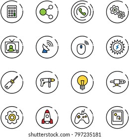 line vector icon set - calculator vector, share, phone horn, gears, tv news, satellite antenna, mouse wireless, sun power, screwdriver, drill machine, bulb, pipe welding, gear, rocket, joystick