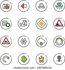 line vector icon set - camera vector, left arrow, cake, heart care, coin, investment, main road sign, gravel, for moto, gear, download cloud, refresh, redo, puzzle, fire, globe