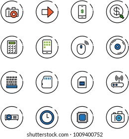 line vector icon set - camera vector, right arrow, mobile payment, money click, calculator, mouse wireless, cd, binary code, micro flash card, sim, wi fi router, projector, clock, cpu