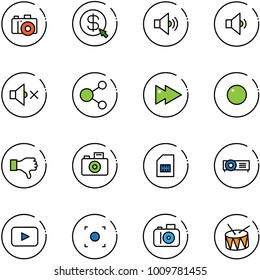 line vector icon set - camera vector, money click, volume medium, low, off, share, fast forward, record, dislike, sim, projector, playback, button, drum