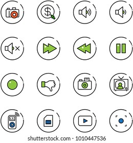 Line Vector Icon Set - Camera Vector, Money Click, Volume Medium, Low, Off, Fast Forward, Backward, Pause, Record, Dislike, Tv News, Music Player, Sim, Playback, Button